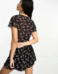 Motel Ditsy Ribbon Flock Mini Dress In Black -RIVER ISLAND || PULL & BEAR || ONLY Sales Store 204564423 3
