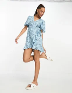 Vero Moda Wrap Front Mini Dress In Blue Florals -RIVER ISLAND || PULL & BEAR || ONLY Sales Store 204568164 3