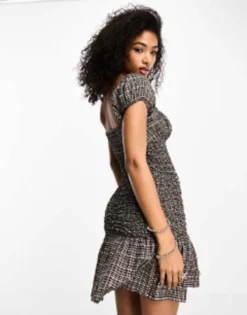 COLLUSION Check Ruched Mini Summer Dress In Brown -RIVER ISLAND || PULL & BEAR || ONLY Sales Store 204572422 4