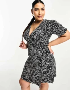 Pieces Curve Wrap Mini Dress In Black Spot