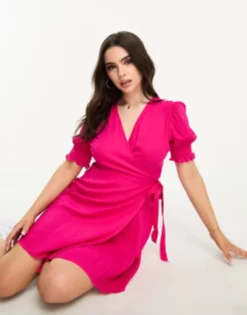Pieces Petite Wrap Mini Dress In Bright Pink -RIVER ISLAND || PULL & BEAR || ONLY Sales Store 204573848 3