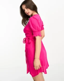 Pieces Petite Wrap Mini Dress In Bright Pink -RIVER ISLAND || PULL & BEAR || ONLY Sales Store 204573848 4