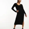 ASOS DESIGN Petite Knitted Midi Dress With V Neck In Rib In Black