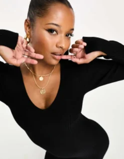 ASOS DESIGN Petite Knitted Midi Dress With V Neck In Rib In Black -RIVER ISLAND || PULL & BEAR || ONLY Sales Store 204597854 3