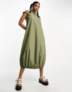 COLLUSION Puffball Maxi Dress In Khaki