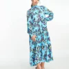 Y.A.S Petite High Neck Maxi Dress With Bow Back Detail In Blue Floral Print