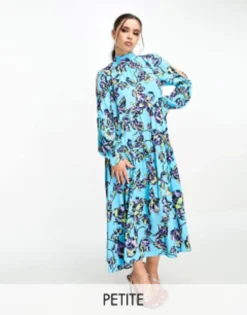 Y.A.S Petite High Neck Maxi Dress With Bow Back Detail In Blue Floral Print