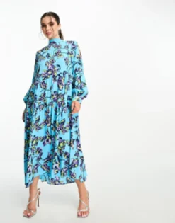 Y.A.S Petite High Neck Maxi Dress With Bow Back Detail In Blue Floral Print -RIVER ISLAND || PULL & BEAR || ONLY Sales Store 204600192 4