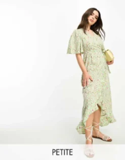 Vero Moda Petite Wrap Front Maxi Tea Dress In Green Floral