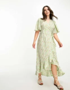 Vero Moda Petite Wrap Front Maxi Tea Dress In Green Floral -RIVER ISLAND || PULL & BEAR || ONLY Sales Store 204604092 4