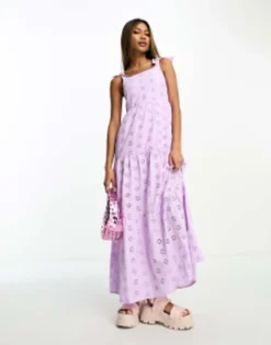 Threadbare Broderie Tiered Midi Dress In Lilac