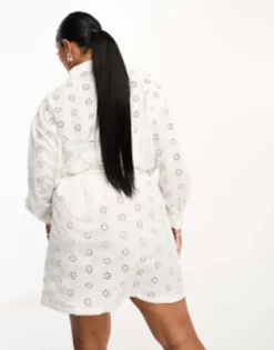 Threabdare Plus Broderie Tie Waist Shirt Dress In White -RIVER ISLAND || PULL & BEAR || ONLY Sales Store 204610049 3
