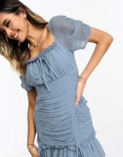 ASOS DESIGN Dobby Chiffon Milkmaid Neckline Ruched Bodycon Mini Dress In Light Blue -RIVER ISLAND || PULL & BEAR || ONLY Sales Store 204616496 4