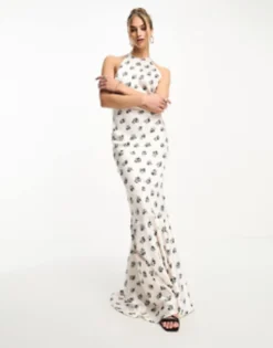 Day 6 Satin High Neck Puddle Maxi Dress With Low Back In Cream Ditsy Print