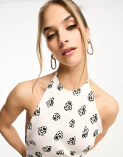 Day 6 Satin High Neck Puddle Maxi Dress With Low Back In Cream Ditsy Print -RIVER ISLAND || PULL & BEAR || ONLY Sales Store 204619768 3