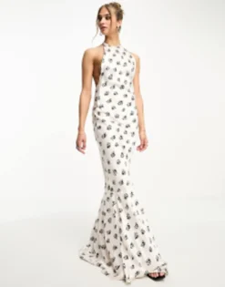 Day 6 Satin High Neck Puddle Maxi Dress With Low Back In Cream Ditsy Print -RIVER ISLAND || PULL & BEAR || ONLY Sales Store 204619768 4