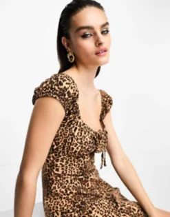 ASOS DESIGN Cap Sleeve Ruched Mini Dress With Tie Detail In Animal Print -RIVER ISLAND || PULL & BEAR || ONLY Sales Store 204623412 4