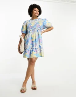 ASOS DESIGN Curve Cotton Shirred Mini Smock Dress With Puff Sleeve In Floral Print