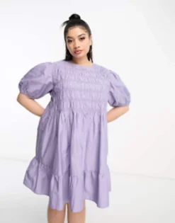 ASOS DESIGN Curve Cotton Shirred Mini Smock Dress With Puff Sleeve In Floral Print -RIVER ISLAND || PULL & BEAR || ONLY Sales Store 204623846 1 lilac