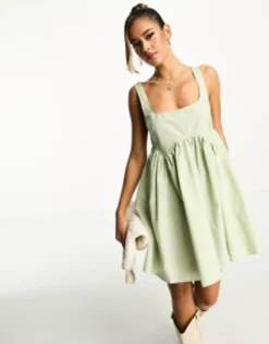 ASOS DESIGN Square Neck Mini Seersucker Dress In Mixed Gingham Print -RIVER ISLAND || PULL & BEAR || ONLY Sales Store 204627219 1 sage