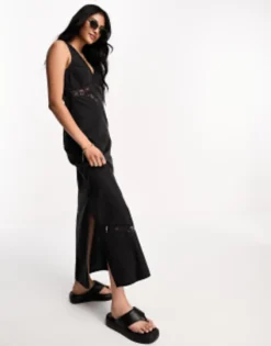 ASOS DESIGN Soft Denim Sleeveless Maxi Dress With Lace Insert In Washed Black