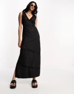 ASOS DESIGN Soft Denim Sleeveless Maxi Dress With Lace Insert In Washed Black -RIVER ISLAND || PULL & BEAR || ONLY Sales Store 204630698 3