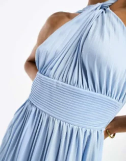 ASOS DESIGN Halter Neck Grecian Pleated Skirt Maxi Dress In Pastel Blue -RIVER ISLAND || PULL & BEAR || ONLY Sales Store 204642915 4