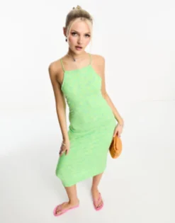 Noisy May High Neck Cross Midi Slip Dress In Green Flower Print