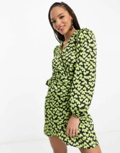 New Look Heart Print Wrap Mini Dress In Yellow