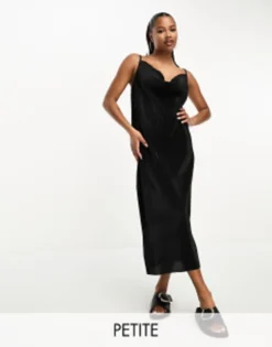 Threadbare Petite Cami Cowl Neck Plisse Maxi Dress In Black