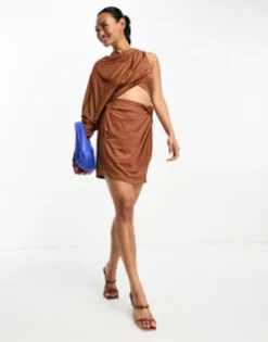 ASOS DESIGN One Shoulder Draped Two Piece Slinky Mini Dress In Chocolate Brown