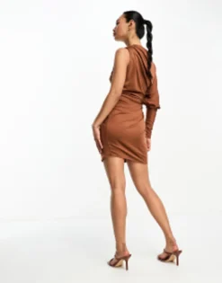 ASOS DESIGN One Shoulder Draped Two Piece Slinky Mini Dress In Chocolate Brown -RIVER ISLAND || PULL & BEAR || ONLY Sales Store 204662932 4