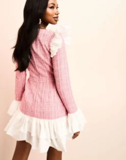 ASOS LUXE Boucle Mini Dress With Poplin Tiered Skirt In Pink -RIVER ISLAND || PULL & BEAR || ONLY Sales Store 204670211 3