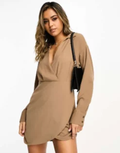 NA-KD Shirt Mini Dress With Overlap Skirt In Taupe -RIVER ISLAND || PULL & BEAR || ONLY Sales Store 204672357 4