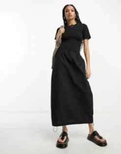 ASOS DESIGN 2 In 1 Crew Neck T-shirt Midi Dress With Cargo Skirt In Black