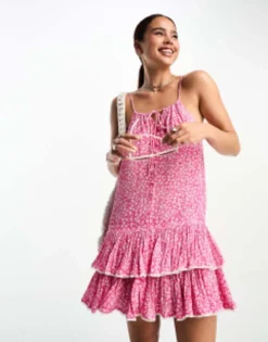 Miss Selfridge Strappy Button Through Rara Mini Dress In Pink Ditsy -RIVER ISLAND || PULL & BEAR || ONLY Sales Store 204680355 4