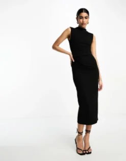 ASOS DESIGN Sleeveless Midi Dress With Shoulder Pad In Black