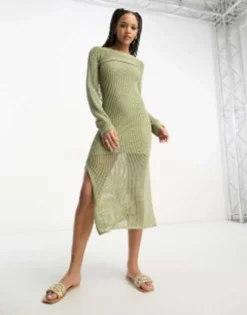 Stradivarius 2in1 Crochet Maxi Dress In Khaki