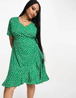 Only Curve Frill Wrap Mini Dress In Green Spot -RIVER ISLAND || PULL & BEAR || ONLY Sales Store 204686529 1 greenditsyfloral