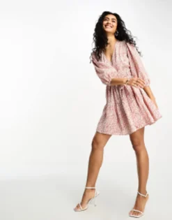 Glamorous Balloon Sleeve Wrap Mini Dress In Vintage Bud Floral