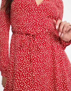 Glamorous V Neck Tie Waist Mini Dress In Red Ditsy -RIVER ISLAND || PULL & BEAR || ONLY Sales Store 204692062 3