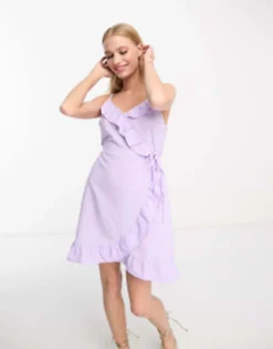 River Island Textured Frill Wrap Mini Dress In Lilac