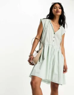 ASOS DESIGN Curved Hem Mini Smock Dress With Drawstring Detail In Seafoam