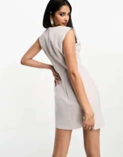 ASOS DESIGN Sleeveless Plunge Neck Mini Dress With Curved Waist Seam In Stone -RIVER ISLAND || PULL & BEAR || ONLY Sales Store 204697154 4