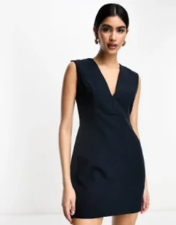 ASOS DESIGN Sleeveless Plunge Neck Mini Dress With Curved Waist Seam In Stone -RIVER ISLAND || PULL & BEAR || ONLY Sales Store 204697164 1 navy