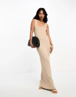 Y.A.S Structured Soft Knitted Strappy Maxi Dress In Beige