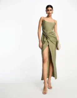 ASOS DESIGN Washed Cami Midi Dress With Drape Skirt In Green