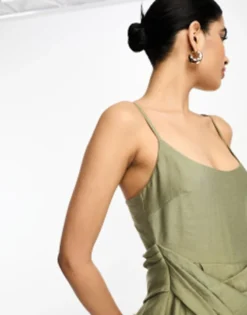 ASOS DESIGN Washed Cami Midi Dress With Drape Skirt In Green -RIVER ISLAND || PULL & BEAR || ONLY Sales Store 204703883 3