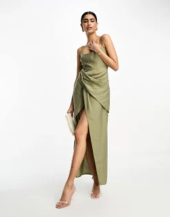 ASOS DESIGN Washed Cami Midi Dress With Drape Skirt In Green -RIVER ISLAND || PULL & BEAR || ONLY Sales Store 204703883 4