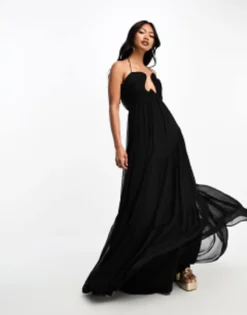ASOS DESIGN Curved Bar Neckline Tiered Maxi Dress In Black